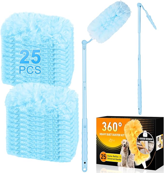360° Duster Refills Kit for Swiffer Duster, 25 Pack & 1 Handle, Multi-Surface Dusters with 4X Microfibers. Efficient Duster Kit for Cleaning Pet Hair, Home, Office, Blinds, Furniture and More