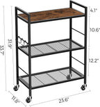 3-Tier Metal Storage Rack with Industrial Wheels,Mesh Shelving Unit with Wooden Table top,Adjustable Shelf,23.6-Inch Width,for Kitchen,Laundry,Pantry,Plant,Black