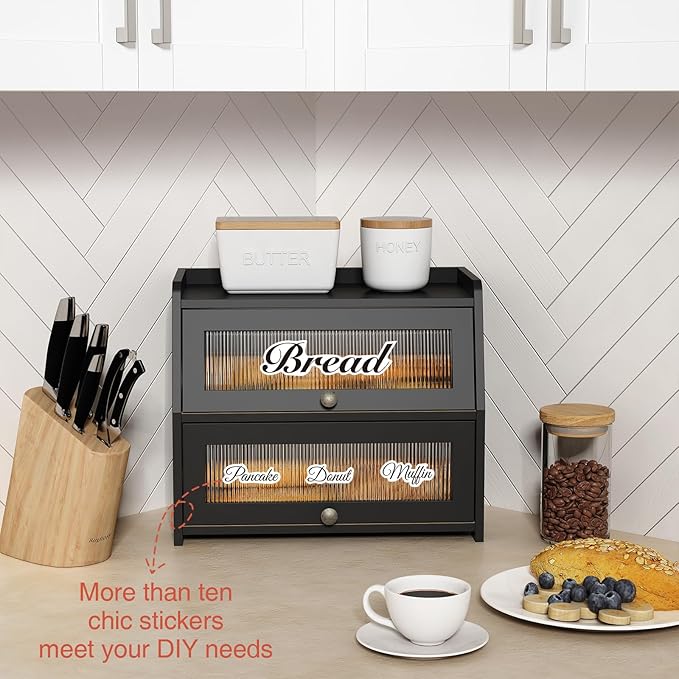 Goozii Large Bread Box for Kitchen Countertop, Black Bread Storage Container for Homemade Bread, Double Layer Farmhouse Breadbox Organizer for Kitchen Counter Cabinet, Pantry, Cupboard (Black)