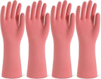 Rubber Cleaning Gloves for Dishwashing, 4 Pairs Reusable Kitchen Gloves for Washing Dishes and Household Cleaning, Pink Dish Gloves with Flocked Lining and Non-Slip Grip, Pefect for Woman Men - S