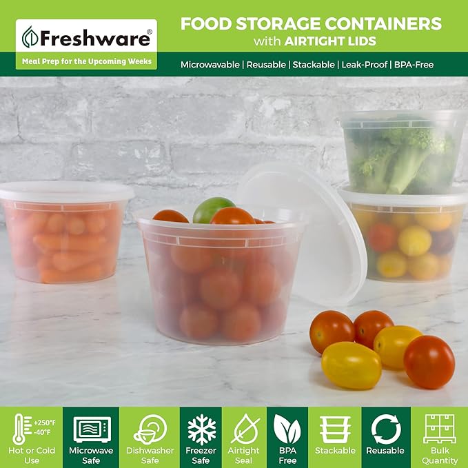 Freshware [240 Pack] 16 oz Food Storage Containers with Lids, Plastic Containers, Freezer Safe | Meal Prep | Stackable | Leakproof | BPA Free, Clear