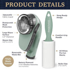 Farberware Fabric Shaver & Lint Remover Set–Battery Operated Sweater Shaver with Triple Blades and Extra Sticky Roller for Pet Hair, Fuzz & Pilling on Clothes, Upholstery & Bedding (Sage, Large)