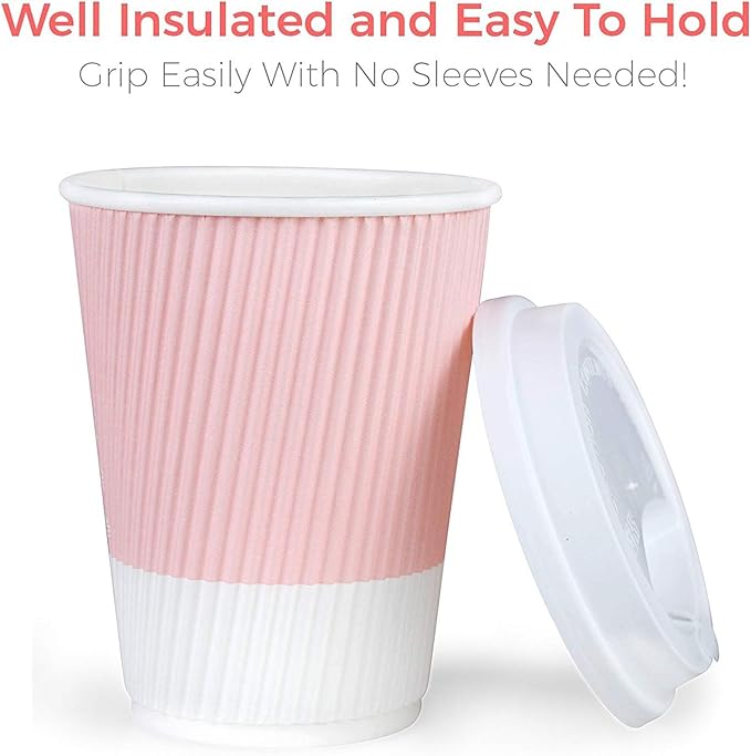 Disposable Coffee Cups With Lids - (80 set) 12 oz Paper To Go Coffee Cups With Resealable Lids Prevent Leaks! Travel Insulated Hot Beverage Drink Cup. Will Not Bend With Heat or Burn Fingers