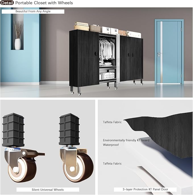 Foldable Portable Armoire Wardrobe Closet for Hanging Clothes Rack, Heavy Duty Covered Clothes Rack with Cover(HARDBOARD Magnetic), Closet Garment Rack for Bedroom Storage (KT Black, 66.14in)