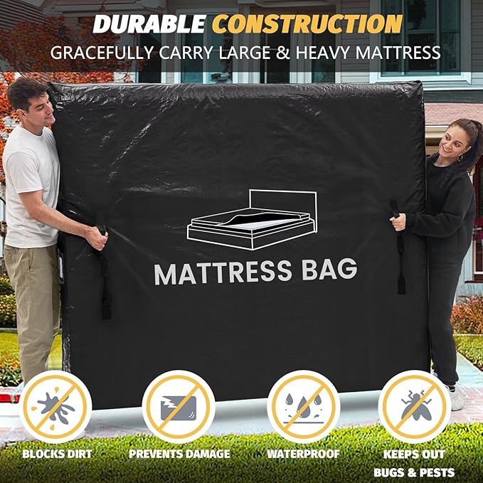 Mattress Bags for Moving and Storage, BETU Twin Mattress Protector Waterproof Mattress Cover with 8 Heavy Duty Handles and Zipper Extra Thick Moving Supplies for Dorm Bed (2 Pack:77x42x13.5 Black)