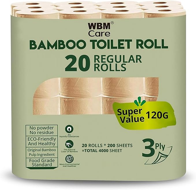 WBM Care Bamboo Paper Towels, Strong & Flexible 3-Ply, Designed for Sensitive Skin, Tree-Free, All-Natural & Healthy Bath Toilet Tissues, 200 Sheets, 20 Rolls