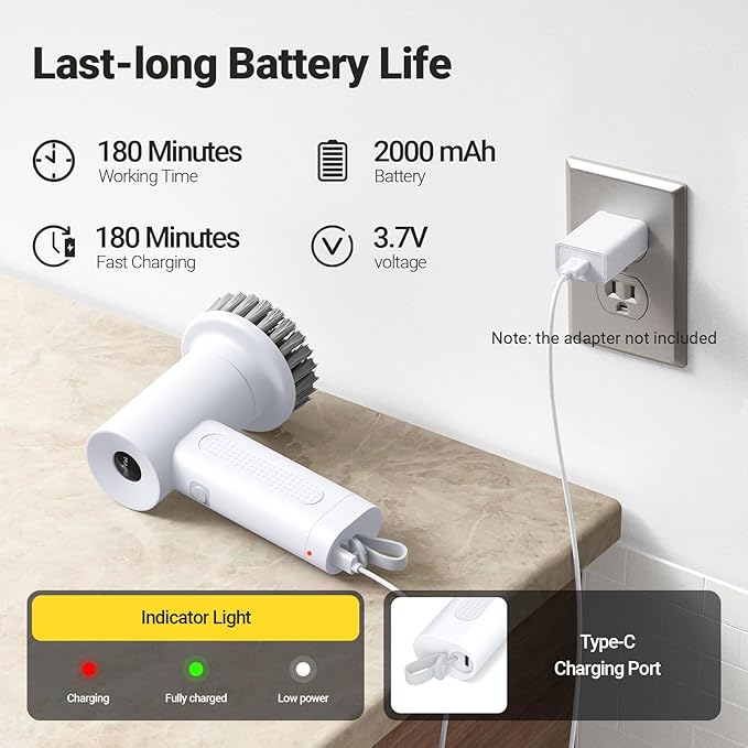 StarVal Electric Spin Scrubber, 2000 mAh Cordless Power Scrubber with 4 Replaceable Heads, 2 Speeds Portable Scrubber for Cleaning Sink/Stove/Corner/Tile/Grout/Bowl (White)