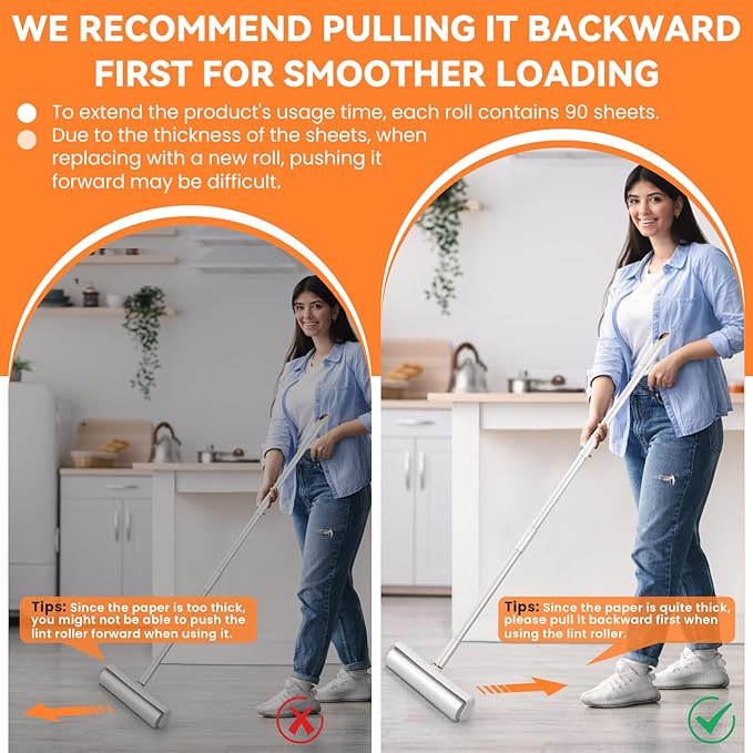 Large Lint Roller Pet Hair Remover 540 Adhesive Sheets Rollers 9.45 Extra Sticky Dog Cat Adjustable Handle 7.9-47.6 Inch, 6 Replaceable Rolls 90 Sheets Each, 3 Extension Rods for 4 Heights