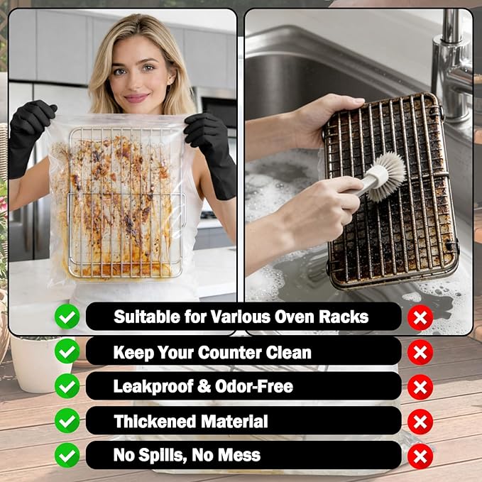 Mity rain 4 packs oven rack cleaner bags kit,Reusable No Scrub Oven Rack Cleaning Bags,Three gloves and one brush,four(19.69*27.56 inch)Leak-Resistant PE Bags,for Deep Soaking Grill Grates, BBQ Racks