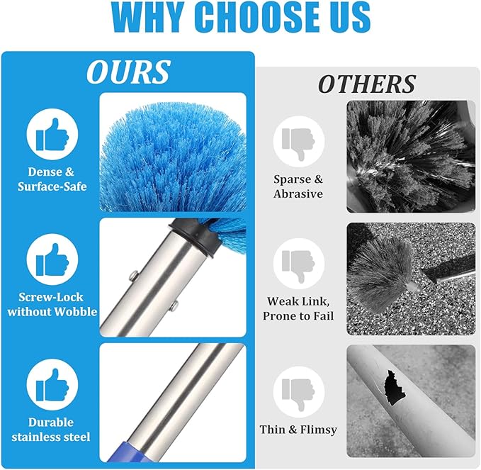 Cobweb Duster with Extension Pole, 10 FT Long Duster for High Ceilings, Walls, Medium Stiff Bristles Cobweb Brush with Lightweight Stainless Steel Pole for Outdoor Indoor Cleaning