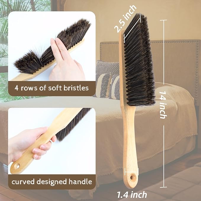 2 Pieces Dust Brush Hand Broom Wooden Bench Brushes with Soft Bristles Counter Brush with Long Wood Handle Household Cleaning Brush for Sofa Bed Fireplace Car