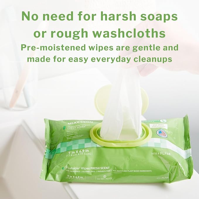 McKesson Flushable* Adult Wet Wipes – 48 Wipes (1 Pack of 48) – Aloe & Vitamin E, Plant-Based Cleansing Wipes, Scented