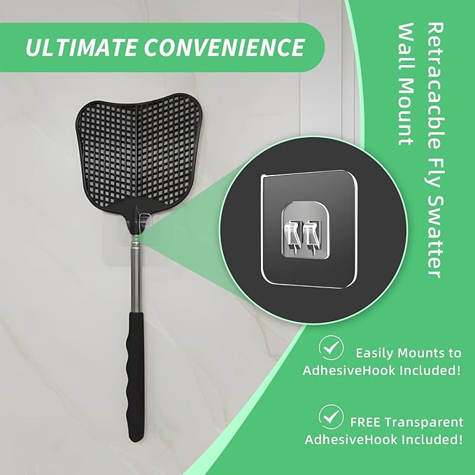 MysticHome Fly Swatter 2 Pack, Durable Heavy Duty Plastic Fly Swatters, Stainless Steel Telescopic FlySwatter for Indoors/Outdoor/Kitchen/Garden (Black+Black)