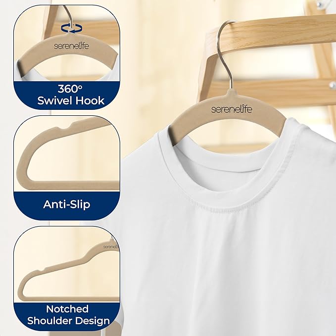 SereneLife 20 Pack Velvet Hangers - Non-Slip Felt Hangers with 360° Swivel Hook - Ultra-Thin, Lightweight, Space Saving for Shirts, Sweaters, Hoodies, Kids Clothes & Dresses