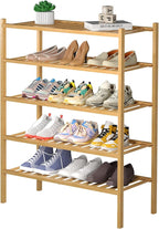 ROMGUAR CRAFT 5 Tier Bamboo Shoe Rack for Closet Free Standing Wood Shoe Shelf for Entryway Small Space Stackable 27"x11"x33" (Natural)