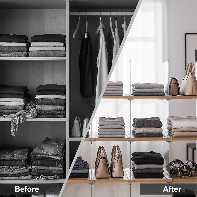 HIGH & SKY 8 Pack Acrylic Shelf Dividers for Closet Organization – Clear Adjustable Closet Shelf Separators for Clothes, Handbags & Towels – Durable Acrylic Shelf Dividers for Neat Shelves & Storage