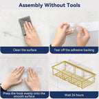 8 Pack Adhesive Rustproof Shower Caddy with Soap Dishes, Toothbrush Holder & Hooks, Large Capacity No-Drilling Shower Shelves Rack for Bathroom Organizers and Storage Accessories, Gold