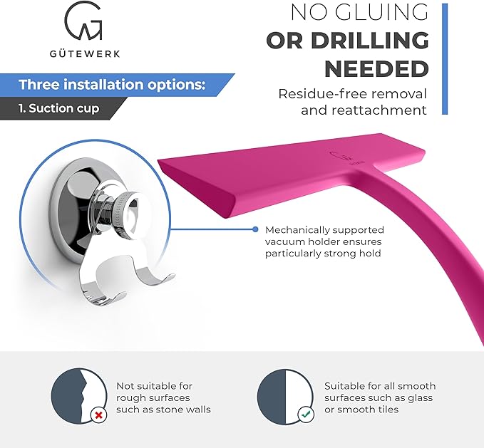 GÜTEWERK Shower Squeegee for Glass Doors, Silicone Window Squeegee, Bathroom and Glass Cleaning - Pink - 15 Inch