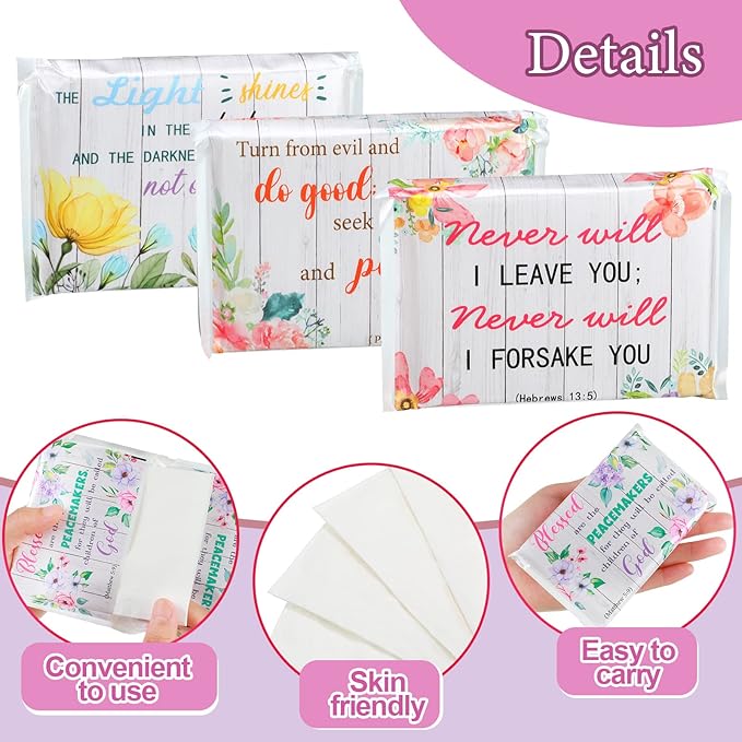 24 Packs Travel Size Tissue Pocket Slim Pack Facial 3 Ply Wallet Size Pocket Tissues for Travel Wedding Party Favors, 6 Styles(Flower Bible)