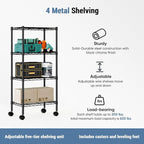 DUMOS 4 Tier Metal Shelving, Heavy Duty Shelves Wire Shelving Unit with Removable Wheel Casters, Shelves Organizer for Bathroom Garage Living Room Kitchen Pantry Laundry Black