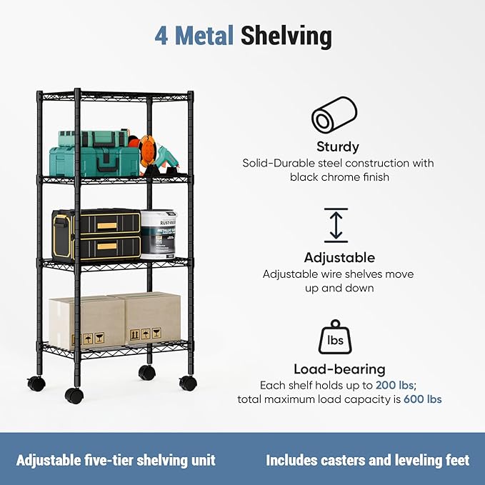 DUMOS Industrial 4 Level Grid Storage Rack ，Mobile Metallic Shelving System with Lockable Wheels， Multi-Purpose Cabinet for Workshop, Culinary Space, Storeroom, Washroom & Restroom Black