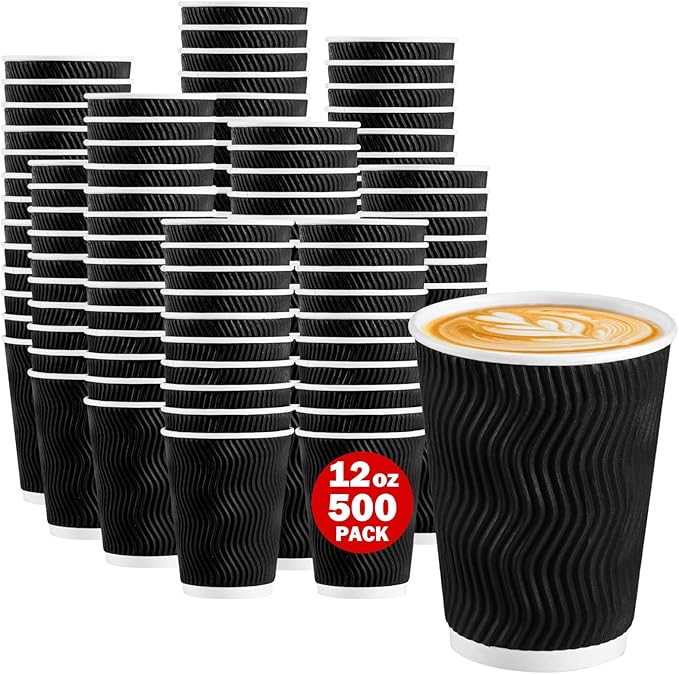Lamosi Coffee Cups 12 oz 500 Pack, Black Disposable Cups, Corrugated Paper Cups 12 oz, Ripple Wall Insulated Water Cups for Hot Beverage