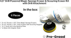 4.5" Drill Powered Magic Sponge Eraser & Scouring Pad 6 Pieces Kit With Drill Attachment | Ultra Durable Pads for Deep Cleaning Bathroom Kitchen Floors Walls Baseboards Crayon Marker & More