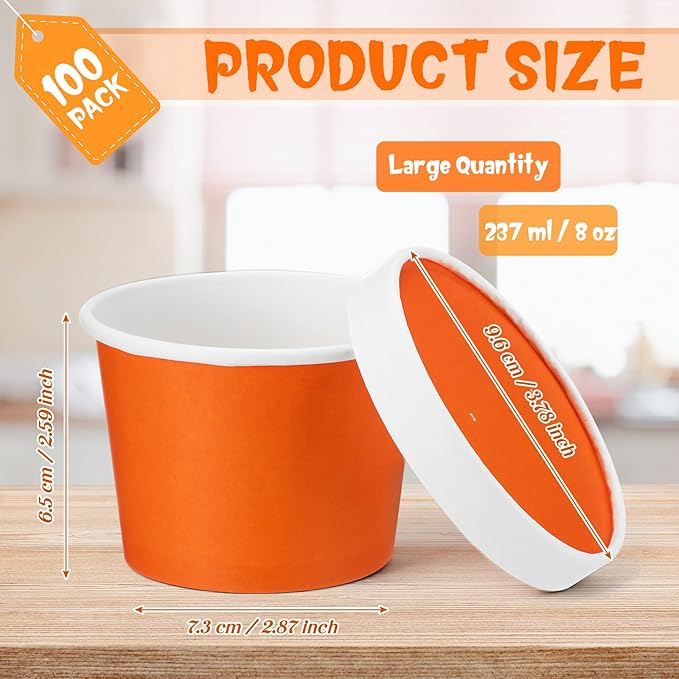 Fulmoon 100 Pack Paper Soup Containers with Lids Disposable Paper Food Containers with Vented Lids Kraft Ice Cream Bowls Soup Cup Ice Cream Cups for Restaurants (8 oz,Orange)
