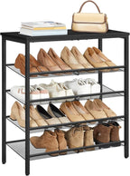 HOOBRO Shoe Rack for Entryway, 5-Tier Shoe Organizer with Adjustable Mesh Shelves, 12-16 Pairs of Shoes, Spacious Floor Mount, Metal, Industrial, Shoe Shelf for Closet, Black BB12XJ01