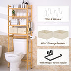 Cozivolife Over The Toilet Storage with 2 Baskets, 4-Tier Bamboo Organizer Rack with Paper Holder & 4 Hooks & Waterproof Feet Pad,Freestanding Shelf for Bathroom(Natural)