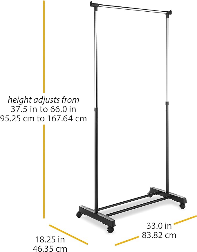 Whitmor Adjustable Garment Rack Rolling Clothes Organizer, Black and Chrome