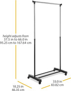 Whitmor Adjustable Garment Rack Rolling Clothes Organizer, Black and Chrome