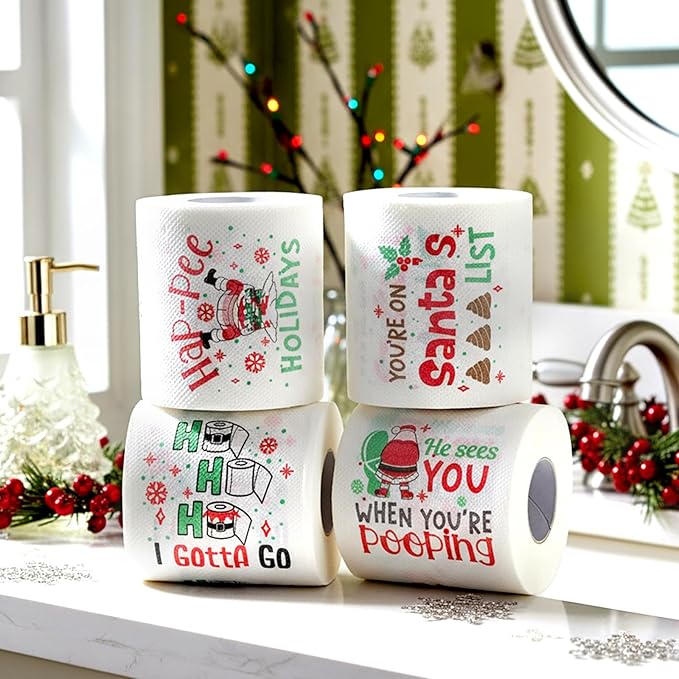 4 Rolls Merry Christmas Toilet Paper Santa Toilet Tissue Disposable Xmas Paper Towels Christmas Stocking Stuffers for Xmas Holiday Birthday Party Supply(Santa)