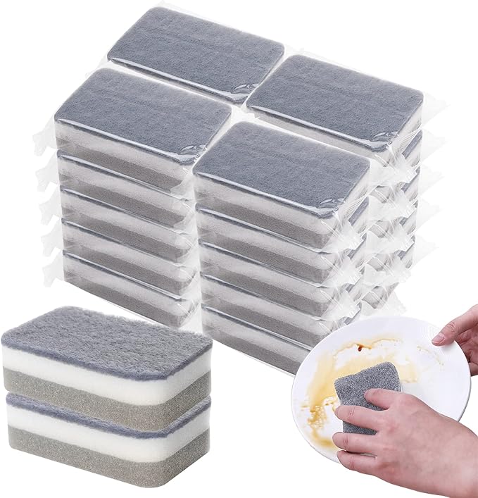 Individually Wrapped Sponges 40 Pack Kitchen Dishwashing Sponge Bulk, Non Scratch Dishes Scouring Pad Dishcloth, Odor-Free Sponge Wipes for Household Cleaning Dishes Travel Apartments - Grey