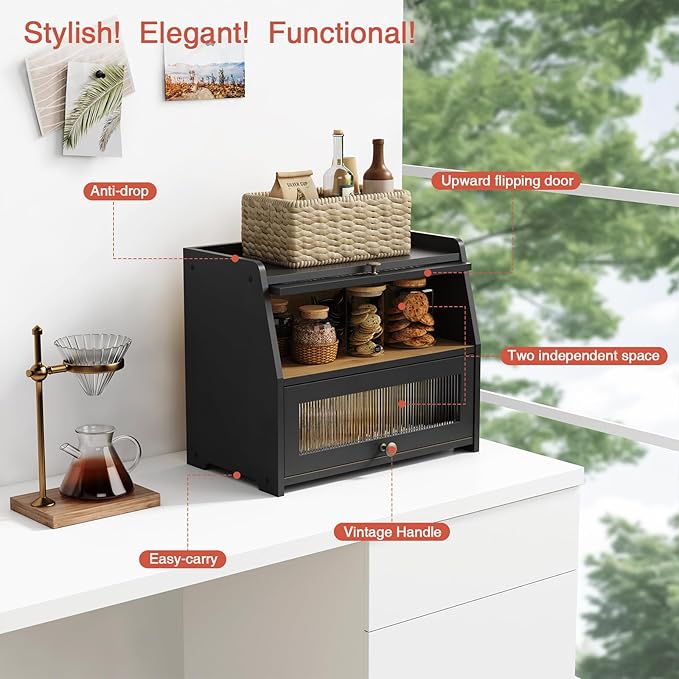 Goozii Large Bread Box for Kitchen Countertop, Black Bread Storage Container for Homemade Bread, Double Layer Farmhouse Breadbox Organizer for Kitchen Counter Cabinet, Pantry, Cupboard (Black)