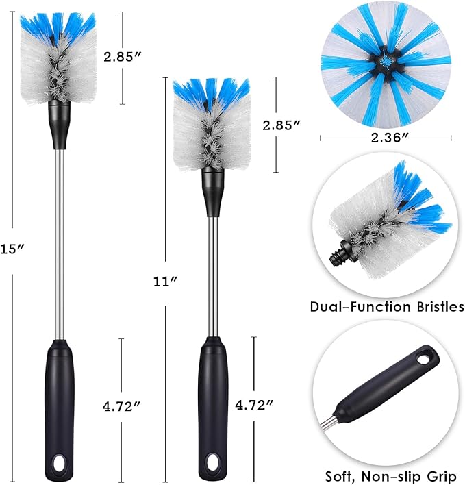 Stainless Steel Bottle Brush with Replaceable Head, 2 Pack Long Handle Scrubbing Brush for Water Bottles, Glasswares, Mugs, Flasks, Tumblers, Vases, and Kitchen Sink, 13 in - 15 in