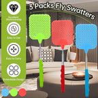 3 Pack Fly Swatters Set - Plastic Fly Swatters Heavy Duty - Square Fly Swatters with Stainless Steel Handle for Indoor and Outdoor - Blue + Green + Red