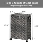 Hiagnete Toilet Paper Storage Basket with Lid and Wheels, Rattan Toilet Paper Holder Storage, Toilet Paper Organizer for Bathroom, Bedroom, Kitchen, 12.6”L x 7.1”W x 17.14”H, Grey