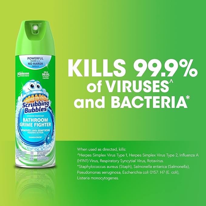 Scrubbing Bubbles Bathroom and Shower Cleaner Disinfectant Aerosol, Foaming Action Bathroom Grime Fighter, Rainshower Scent, 20oz