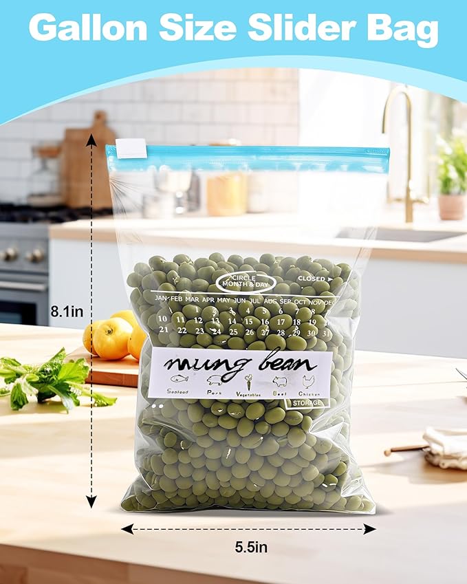 120 Pack Calendar Slider Quart Freezer Bags Reusable Food Storage Bags Slide Zipper Expandable Bottom Clear Plastic Freezer Bags With Write-On-Label For Food Storage (Blue)