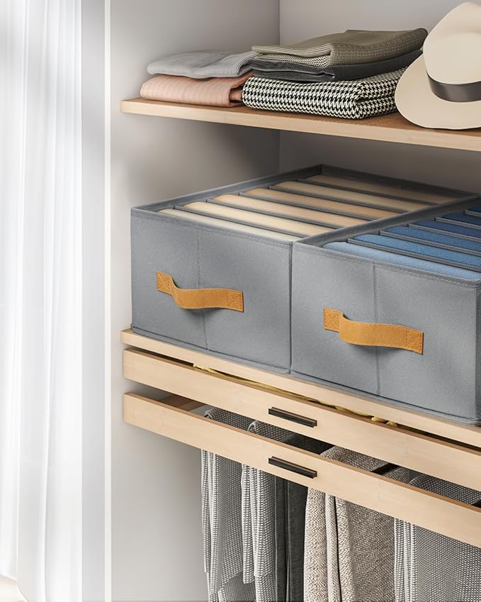 DIMJ Large Wardrobe Clothes Organizers - Foldable Closet Clothing Organizer for Jean Sweater Shirt Pants Underwear Bra, Divided Clothes Drawer, Grey Closet Shelf Organizer Boxes