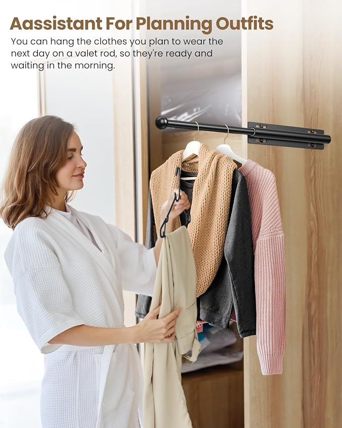 Supforce Valet Rod for Closet Pull Out, Retractable Slide Out Valet Rod Closet Organization, 12" Aluminum Valet Clothing Hanger Rods Perfect for Suits, Freshly Pressed Clothes, Black