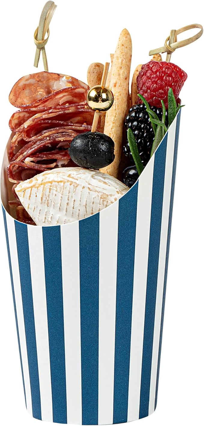 Restaurantware Bio Tek 16 Ounce French Fry Containers 100 Disposable Charcuterie Cups - Incline Design Round Striped Paper French Fry Cups Stackable For Waffles Chips or Popcorn