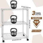 Whitmor 3 Tier Storage Shelving, Heavy Duty with Wheels, Adjustable Steel Organizer, 400 lbs Capacity per Shelf, Max 1200 lbs Total for Garage, Kitchen, Bathroom, 20" L x 14" W x 24" H, Chrome