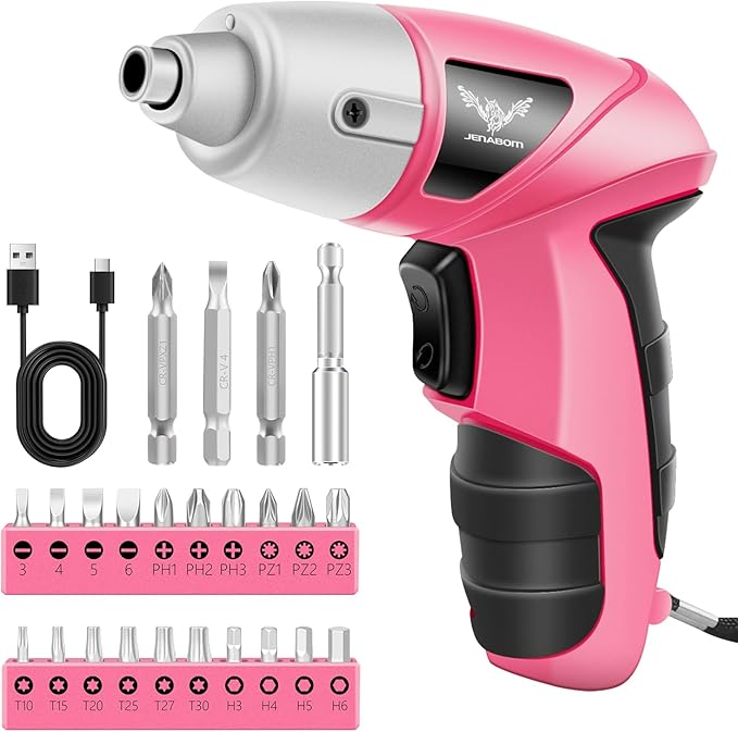 Pink Cordless Electric Screwdriver, 3.6V Rechargeable Small Electric Drill with 24pcs Driver Bit Set, Power 3.5Nm Screw Gun with LED Light for Women