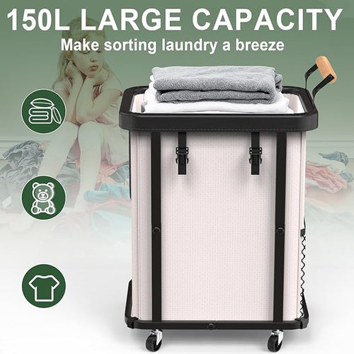 150L (40 Gal) Extra Large Fashion Laundry Basket with Wheels, Rolling Basket Hamper with Handle, Organizer Storage Cart with Sturdy Metal Frame for Laundry Room - White