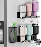 OVICAR Magnetic Cup Holder for Stanley 20/30/40oz - 2 Pack Tumbler Organizer for Refrigerator - Water Bottle Organizer with Straw Basket & 6 Hooks Tumbler Cup Lids Accessories Storage Black
