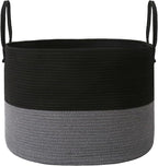JMvicyroam 65L Extra Large Blanket Basket for Living Room - Woven Cotton Rope Laundry Hamper with Reinforced Handles - Storage Bin for Pillows, Comforters & Toys - Machine Washable,Black&Grey