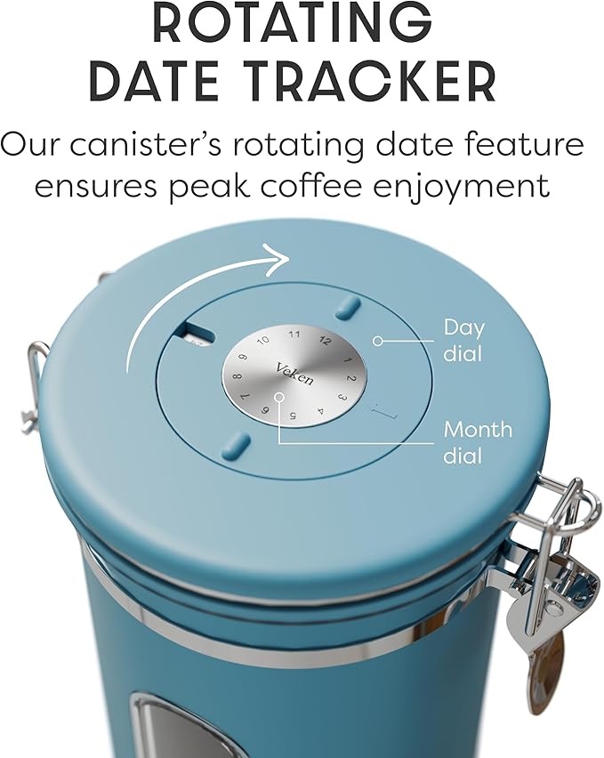 Veken Coffee Canister with Window, Airtight Stainless Steel Kitchen Food Storage Container with Lids, Date Tracker and Scoop for Grounds Coffee, Beans, Tea, Flour, Cereal, Sugar Jars, 22OZ, Blue