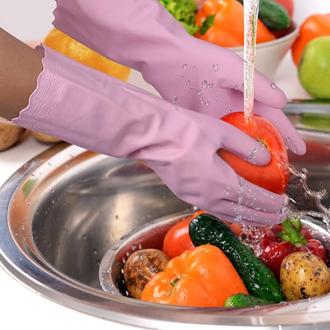 Bamllum Rubber Cleaning Gloves - 3 Pairs Latex Free Kitchen Cleaning Gloves with Cotton Liner- Household Dishwashing Gloves, Non- Slip Waterproof (Large, Blue+Pink+White)
